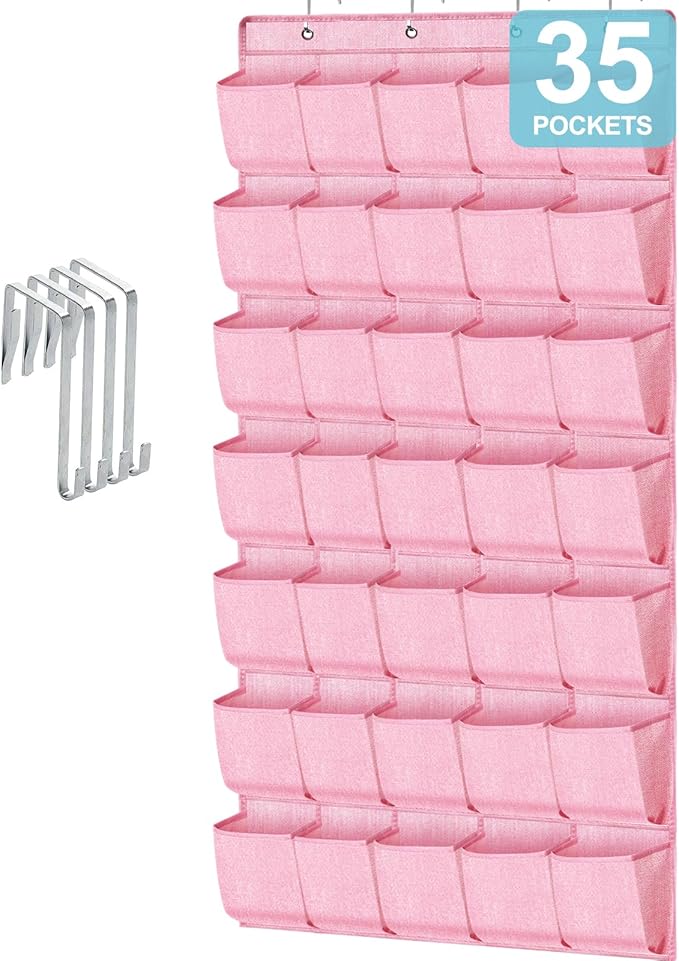 35 Pockets Over the Door Shoe Organizer, Hanging Door Shoe Rack for Closet, Large Shoe Storage Holder Zapateras Organizer for Shoes (Pink)-NeatNest