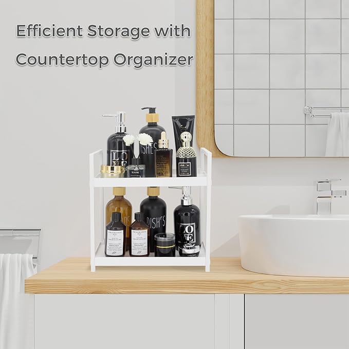 2-Tier Countertop Organizer for Bathroom – Cosmetic Organizer Rack and Storage Shelf for Bedrooms, Offices, Kitchen Counters, and Under Sinks (White)-NeatNest