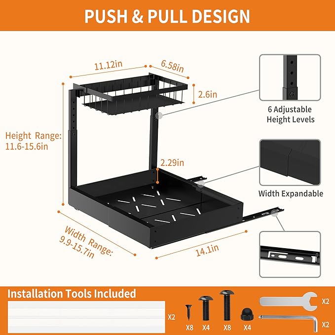 2-Pack Expandable Under Sink Organizers and Storage, 2-Tier Adjustable Pull-Out Cabinet Organizers, Slide-Out Shelves with Width (9.9"-15.7") & Height (11.6"-15.6") for Kitchen & Bathroom-NeatNest