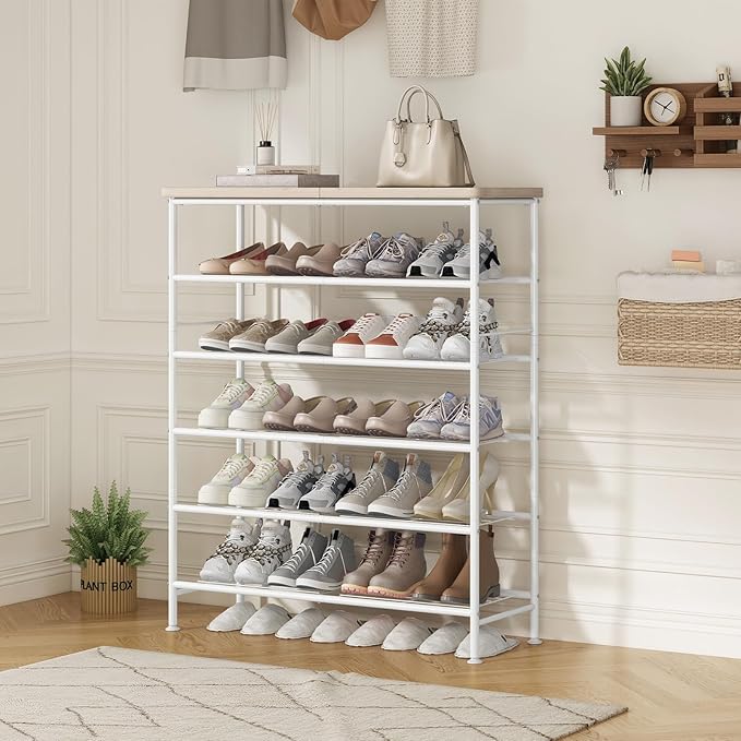Shoe Rack Organizer 6 Tier for Closet Entryway Free Standing Metal Storage Shoe Shelf with MDF Top Board，White+Oak-NeatNest