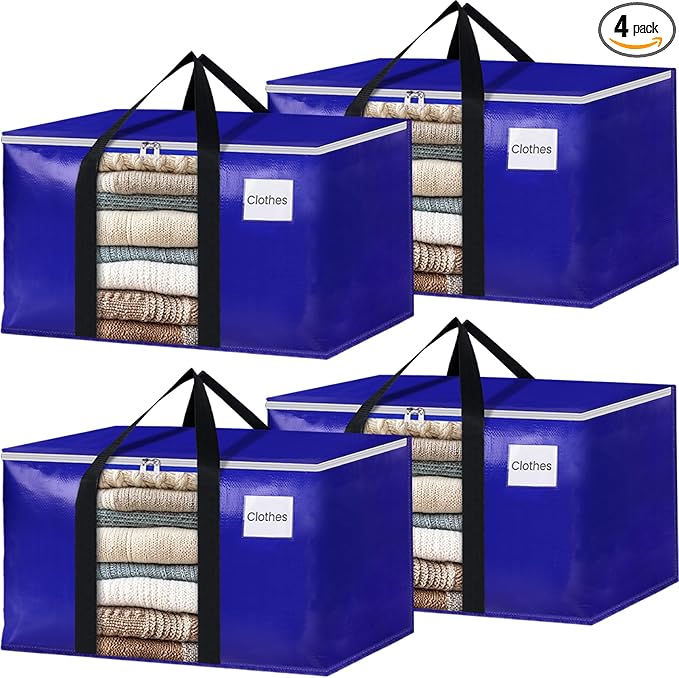 BlissTotes 4 Pack Moving Bags with Clear Window, Storage Bags with Strong Carrying Handles & Zippers,Large Packing Bags for Saving Space, Alternative to Moving Boxes(Blue,33 Gallon)-NeatNest