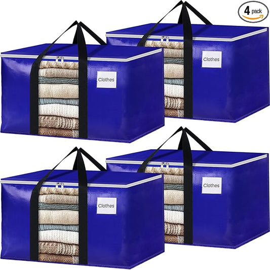 BlissTotes 4 Pack Moving Bags with Clear Window, Storage Bags with Strong Carrying Handles & Zippers,Large Packing Bags for Saving Space, Alternative to Moving Boxes(Blue,33 Gallon)-NeatNest