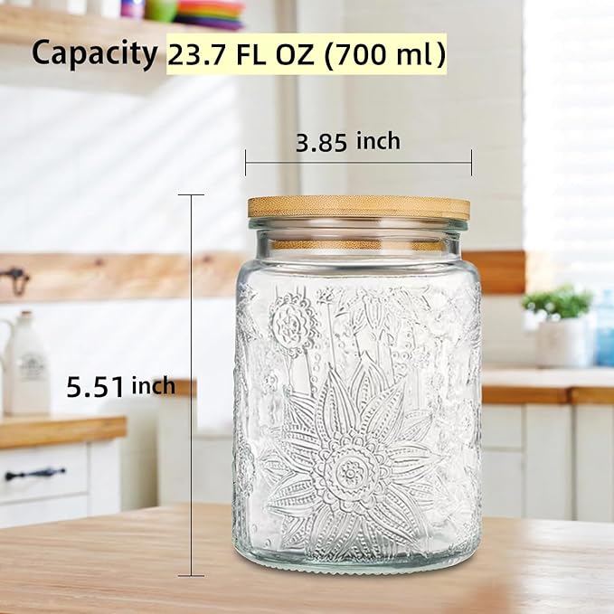 2 Pack Glass Storage Jar with Bamboo Lid, 23.7 FL Oz Kitchen Glass Food Storage Containers for Candy, Coffee Tea Beans, Oats,Flour, Grains
