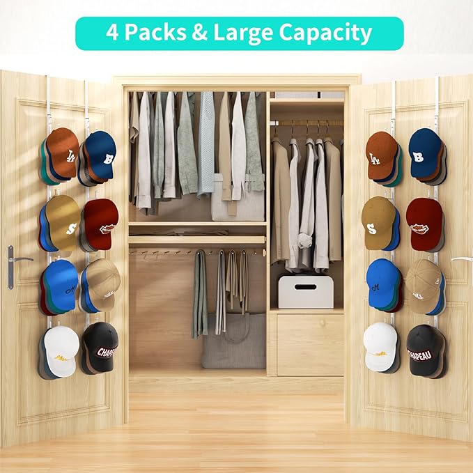 HapiRm Over Door Hat Rack - 4 Packs Metal Hanging Hat Organizer with 16 Hooks Design, Baseball Cap Hanger Organizer Storage Holds up to 80 Caps for Door, Bedroom, Closet(White)-NeatNest