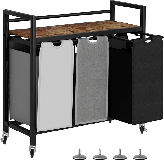 Laundry Hamper, Laundry Basket, Laundry Sorter with 3 Removable Bags, Clothes Basket with 3 Compartments, Wheels, Shelf for Laundry Room Bathroom Bedroom (3 Bags-Black Grey White)-NeatNest