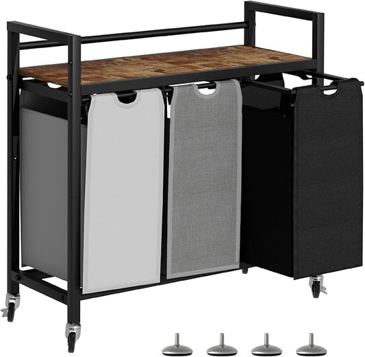 Laundry Hamper, Laundry Basket, Laundry Sorter with 3 Removable Bags, Clothes Basket with 3 Compartments, Wheels, Shelf for Laundry Room Bathroom Bedroom (3 Bags-Black Grey White)-NeatNest