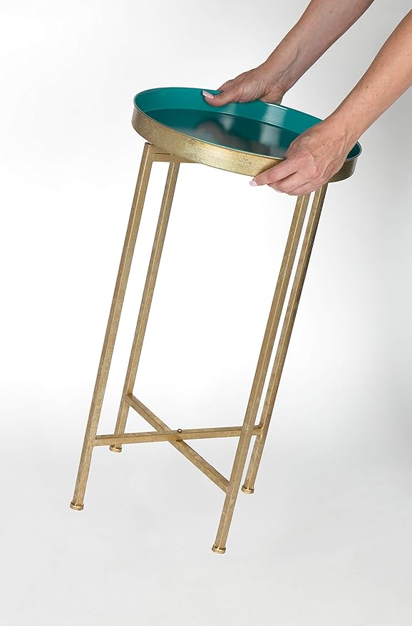 Kate and Laurel Celia Round Metal Foldable Tray Accent Table, Teal with Gold Base