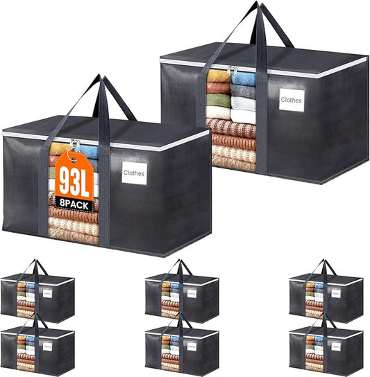 HomeHacks 8 Pack Extra Large Moving Bags with Visual PVC Window & Zippers, Storage Totes with Reinforced Handles, Heavy Duty Storage Bags for Packing, Moving, Storage (93L,Grey)