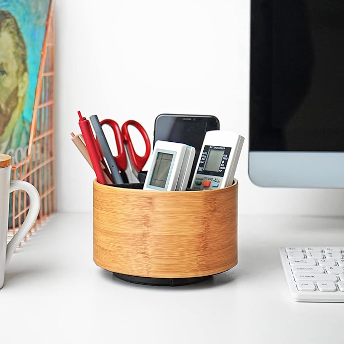 Hennaja Round Leather Art Supply Organizer,Remote Control Holder,360 Degree Spinning,Multi-Functional Pencil Holder,4 Compartments Desktop Stationary Organizer(1-Beige2)-NeatNest