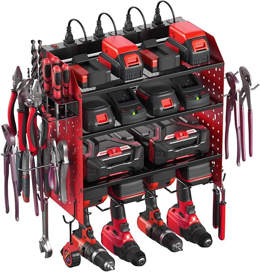 CCCEI Modular Pegboard Rack Power Tool Organizer with Charging Station. 4 Layer Wall Mount Drill Holder, Red Tool Battery Charger Organizer. Garage Shop Storage Utility Shelf with Power Strip.-NeatNest