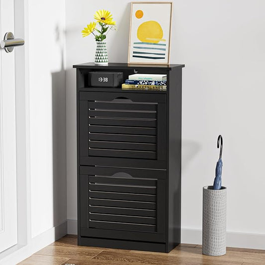 Shoe Storage Cabinet with 2 Flip Drawers & Top Cubby, Shoe Cabinet for Entryway Slim, Free Standing Shoe Rack Cabinet, Narrow Shoe Organizer for Entryway, Hallway, Black-NeatNest