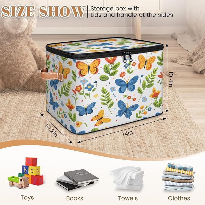 Boho Butterfly Storage Bins with Zipper Lid, Spring Plant Lidded Storage Baskets Boxes Foldable Organizer with Leather Handles for Clothes Closet Shelf Toys-NeatNest