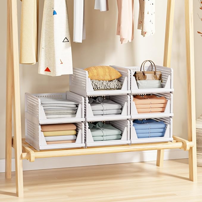 4 Pack Stackable Closet Storage Basket - Stackable Storage Bins, Multifunctional & Foldable Closet Organizer, Wardrobe Cupboard Space-Saving Clothes Storage Hat Organizer, White-NeatNest