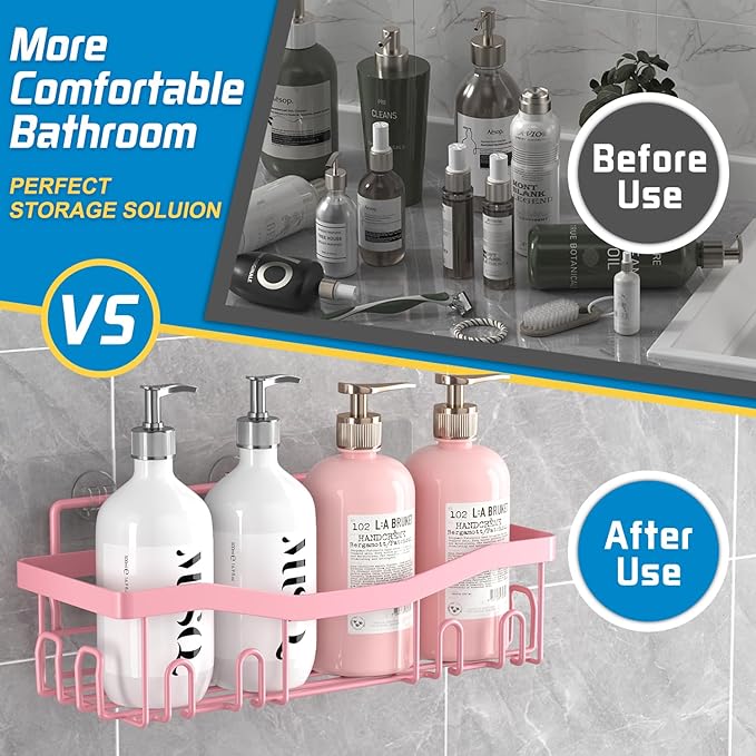 Adhesive Shower Caddy, No Drilling Bath Organizers 5 Pack, Rustproof Shelves with Soap Holder & Toothbrush Holder, Pink Bathroom Accessories Decor Set