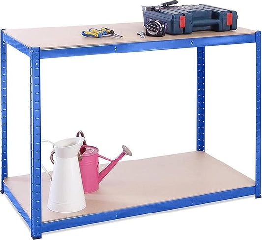 Garage Workbench & Shelving: 35 high x 47 Wide x 24 deep | Heavy Duty Racking Shelves for Storage, Black 2 Tier (660 bs Per Shelf), 1321 lbs Total Capacity|for Workshop, Shed, Office|5 Year Warranty