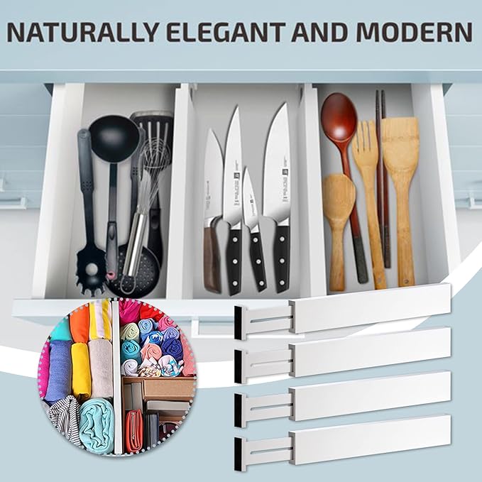 4 Pack Bamboo Drawer Dividers, Adjustable Length from 12 Inch to 17 Inch, Expandable Kitchen Drawer Organizer, Drawer Organization Separators for Clothes, Kitchen, Bedroom, Dresser, Office (White)-NeatNest