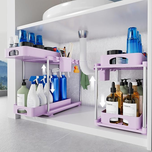 Under Sink Organizer - 2 Pack Adjustable Height, 2 Tier Organizers for Bathroom & Kitchen Sink, Purple-NeatNest