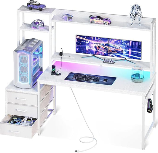 Casaottima 55 Inch Gaming Desk with Hutch & 3 Fabric Drawers, Computer Desk with USB Ports & LED Lights, Reversible Pc Gamer Table with Monitor Stand for Home Office, Carbon Fiber White-NeatNest
