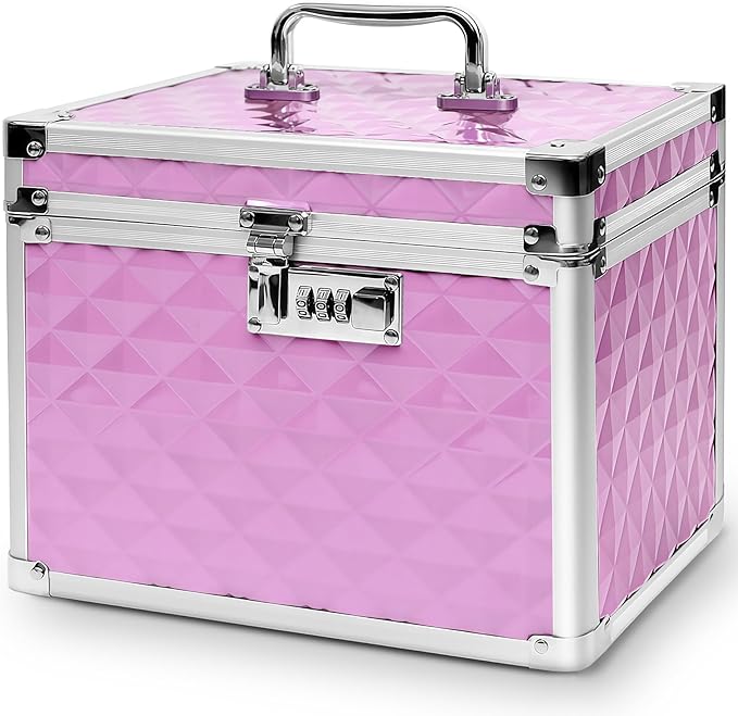 Medication Combination Lock Boxes with Code for Personal Items, Medicine Lockbox for Documents 10 x 7.25 x 7.75 Inches Plaid Pink