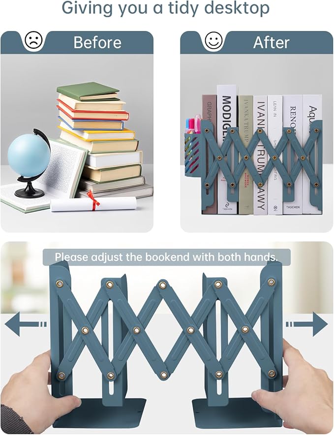 Honagu Adjustable Bookends, Metal Book Ends for Shelves Heavy Book, Desk Magazine File Organizer for Home, Office, Books, Papers, Extends up to 19 inches with Pen Holder (Blue)