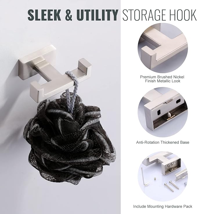 Double Bathroom Towel Hook for Wall Mounted - Brushed Nickel Modern Towel Holder - Heavy Duty Coat Robe Hooks for Wall - Stainless Steel Shower Towel Hanger