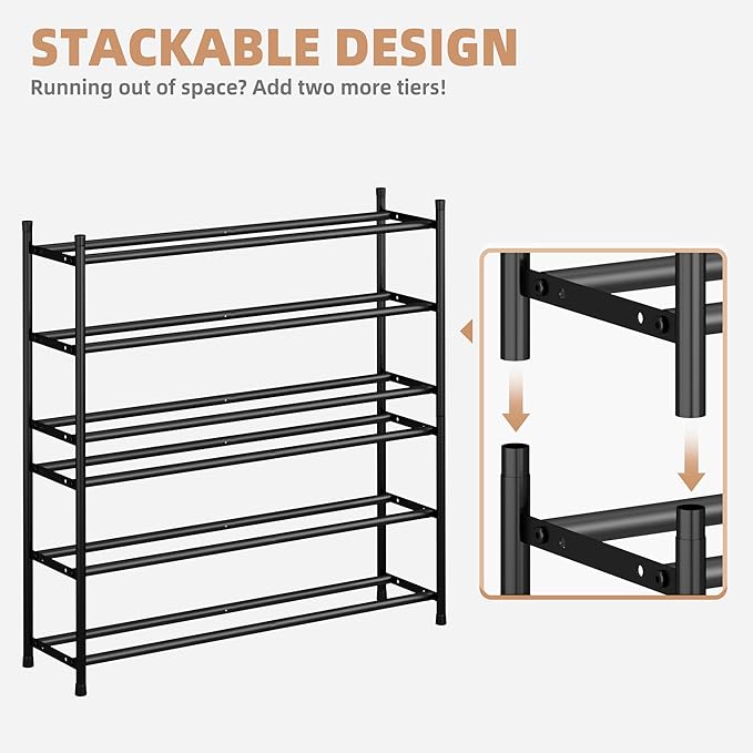 STORAGE MANIAC Long Expandable Shoe Rack, 18 Pairs Metal Wide Stackable Shoe Rack, Adjustable Shoes Shelf, Freestanding Shoes Organizer for Closet, Entryway, Hallway, Garage, Front Door, 3 Tiers-NeatNest
