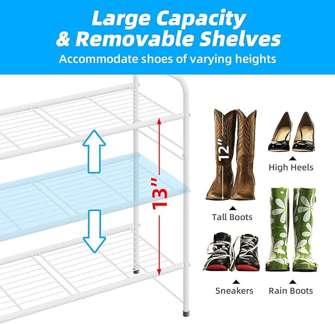 3 Tier Shoe Rack for Closet, 46.5 Inch Extra Long Shoe Storage Organizer for Shelves, Heavy Duty Metal, Easy Assembly, White-NeatNest