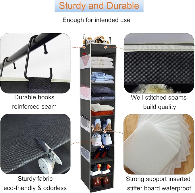2 Pack Large-Sized Hanging Shoe Organizer 10-Shelf, Sturdy Hanging Closet Organizer with 8 Side Pockets, Wider Hanging Shelves for Storage Shoes Clothes Jeans Shirts Toys, Black-NeatNest