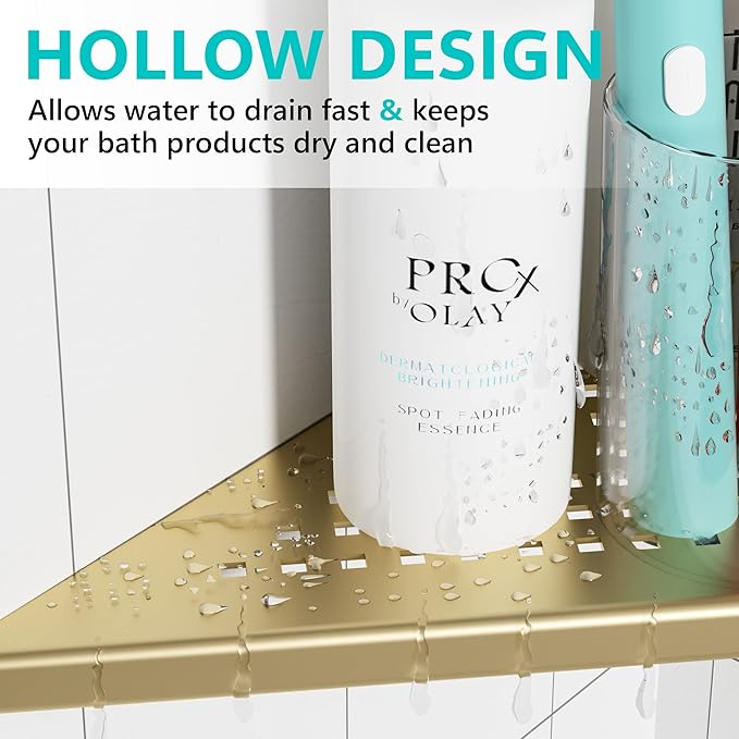 Corner Shower Shelves, 10” Recessed Tile Shower Shelf Brushed Golden, 304 Stainless Steel Grout in Corner Tile Shower Shelves, No Drilling, 2 Pack-NeatNest