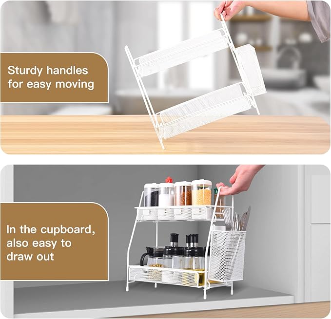 LEMIKKLE Countertop organizer for bathroom counter, bathroom organizers and storage, spice rack organizer for kitchen counter shelf with small basket(White)-NeatNest