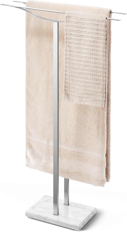 Bathroom Towel Rack Freestanding Floor Stand: Brushed 36in 2‑Bar Weighted Marble Base Towel Holder, Rustproof 304 Stainless Steel Drying Rack for Bath&Hand Towels, No‑Drill Slim Organizer, Spa Pool