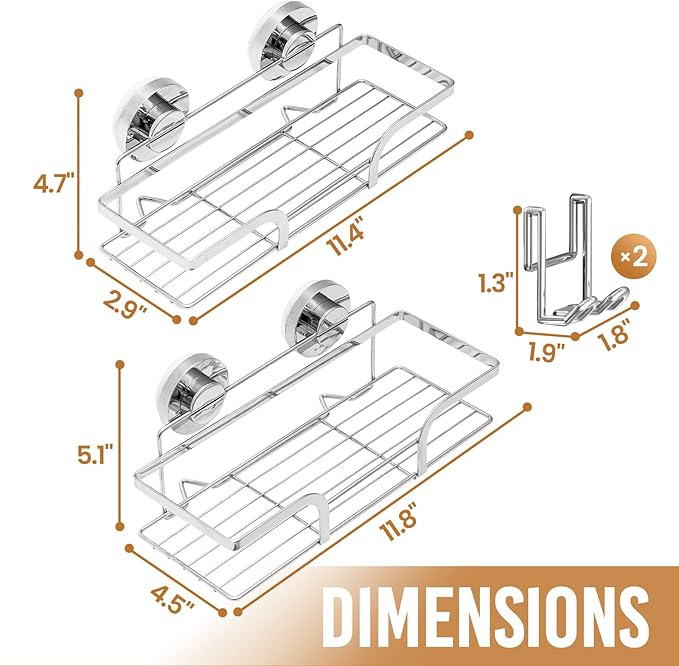 LEVERLOC Shower Caddy Suction Cup, 2 Pack Shower Shelves for Inside, Silver Rustproof Metal Bathroom Storage NO-Drilling Bathroom Organizer with Large Capacity, Heavy Duty Storage Basket