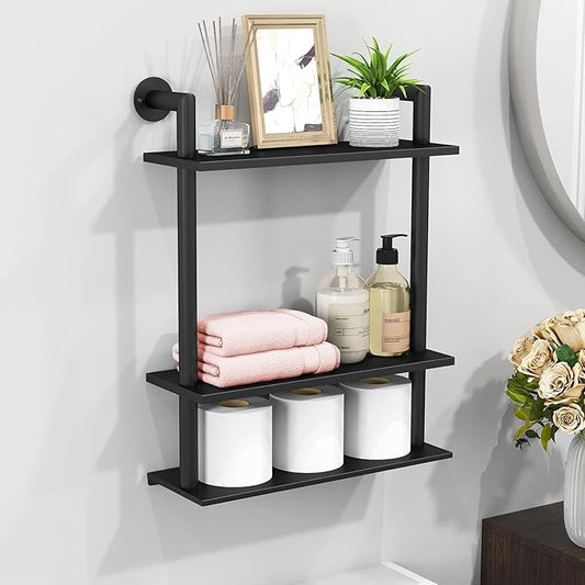 Floating Shelves, Wall Mounted Metal Floating Shelves Black with Frame and Towel Rack for Bathroom, Living Room, Bedroom, Kitchen