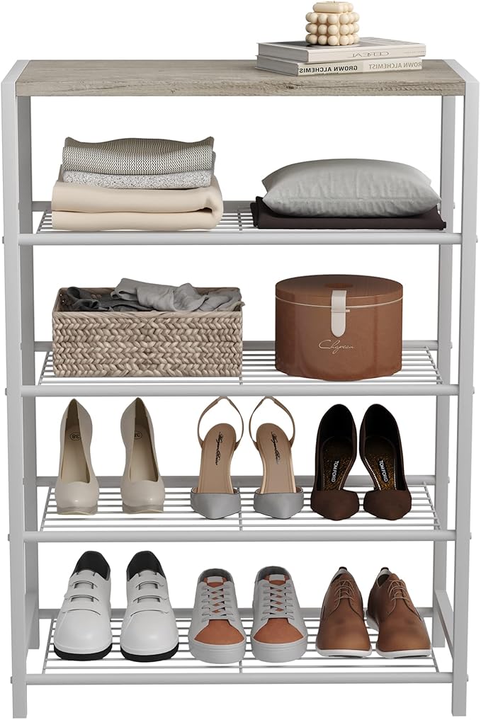 HOMEFORT 5-Tier Shoe Rack, Storage Shelf, Industrial Tower, Narrow Organizer for Closet Entryway, Small Table With Durable Metal Shelves, White Oak-NeatNest