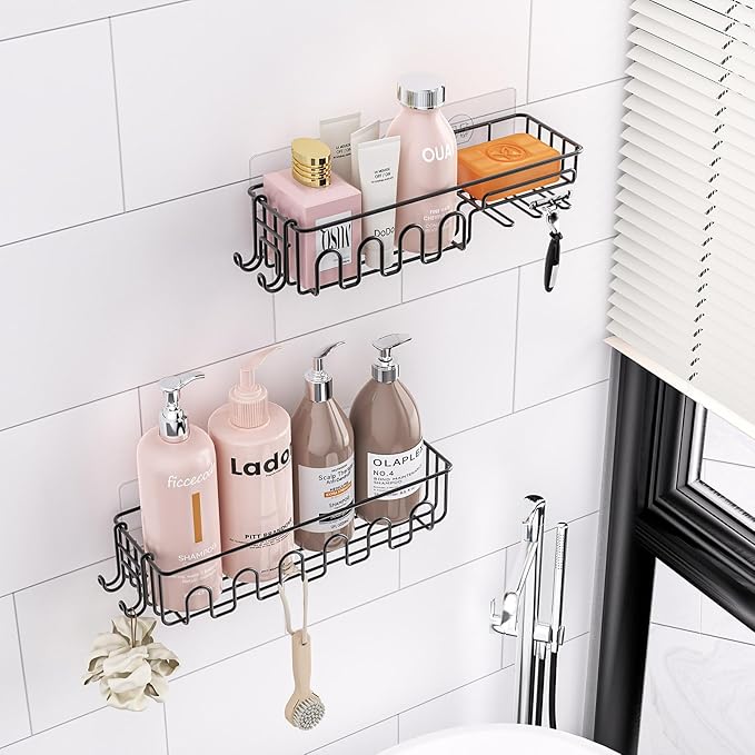 Adhesive Shower Caddy: 2 Bonus Hooks, 4-Pack Wall Mounted Bathroom Storage Shelf, Rustproof Metal Basket Organizer for Kitchen & Bathroom No Drill Black