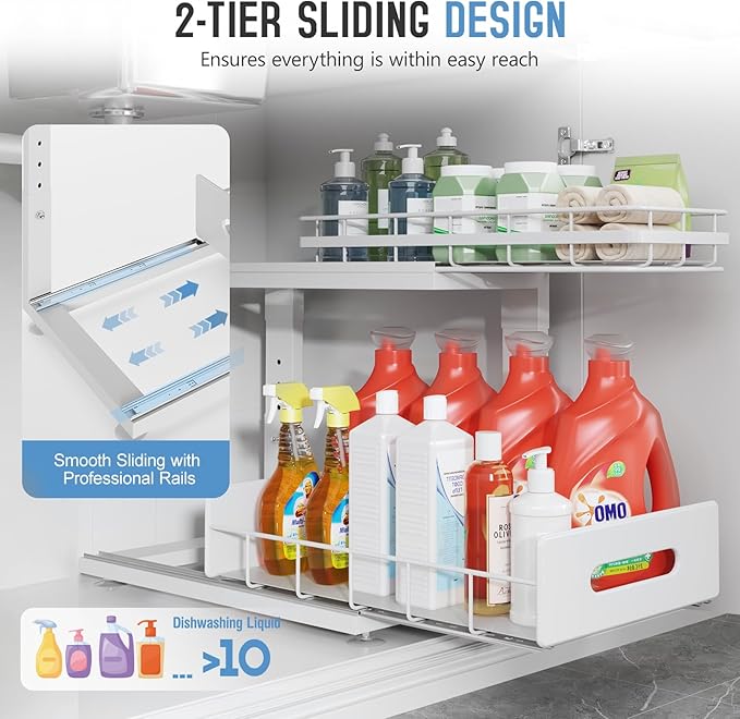 1 Pack Under Sink Organizer Upgrade To Professional Rails,2-Tier Dual Pull Out Cabinet Storage,Height Adjustable Slide Out Drawers For Bathroom Kitchen,Under Sink Shelf-White-NeatNest
