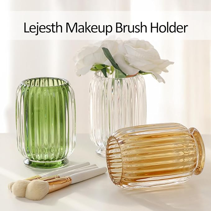 Crystal Makeup Brush holder Organizer, Vintage Make Up Brush Cup Pen Pencil Holder striped vase, Comb Brushes Pen Pencil Storage Box Container (Clear)-NeatNest
