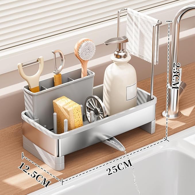 Sponge Holder for Kitchen Sink,Sink Caddy Organizer with Removable Brush Holder,Kitchen Countertop Soap Dispenser Storage with Detachable Towel Rack, Grey-NeatNest