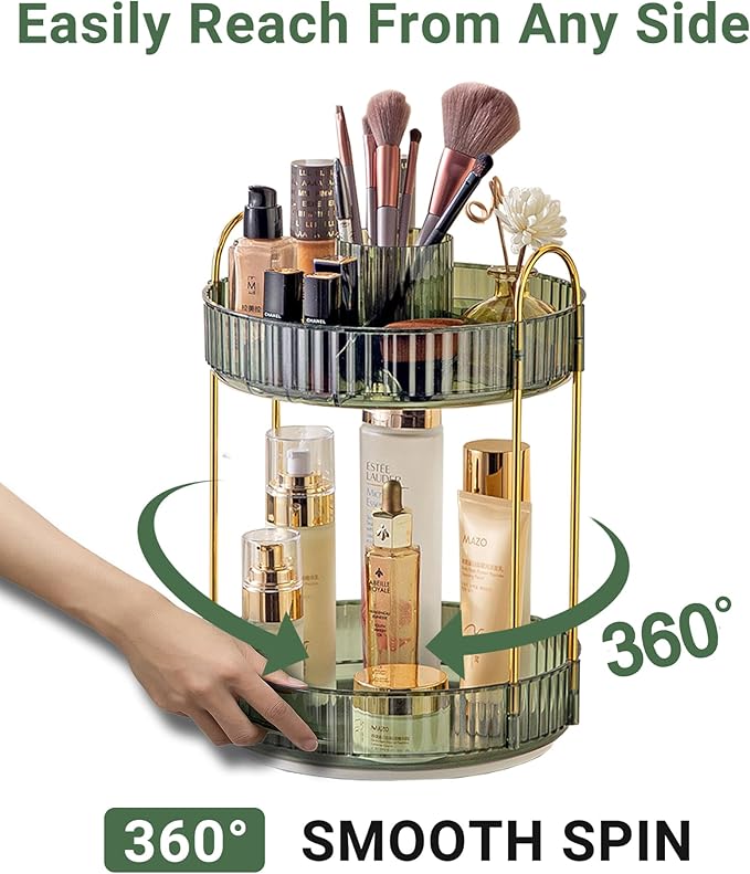 360 Rotating Makeup Organizer,2 Tier Large Capacity Make Up Organizers and Storage,Skincare Perfume Vanity Organizers,Bathroom Cosmetics Storage Organizer Countertop (Green)-NeatNest