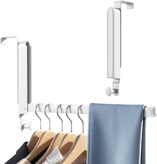 2 Pack Over The Door Hanger Folding Clothes Drying Rack,Fit Door up to 1-3/4" Optimal,Collapsible Foldable Hanging Coat Rack w/Retractable Rod,Clothing Hanger Hook for Laundry Room (White)