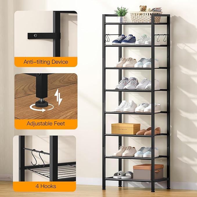usikey 8 Tiers Narrow Shoe Rack 16-24 Pairs, Sturdy Metal Tall Shoe Rack with 4 Hooks, Slim Shoe Storage Organizer with Metal Shelf, Space Saving Vertical Shoe Shelf for Entryway, Closets, Black-NeatNest