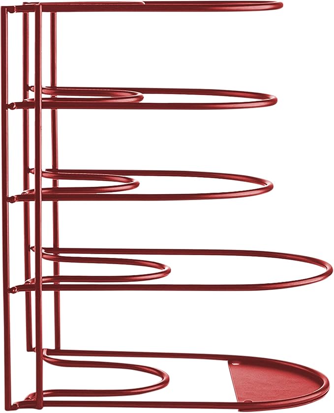 Heavy-Duty Pots and Pans Organizer | 5-Tier Cookware & Lid Storage Rack | Free-Standing or Wall-Mount | Kitchen Organizer for Cast Iron Skillets, Pots, Frying Pans, Lids | Red