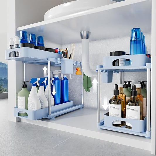 Under Sink Organizer (2 Pack), 2 Tier Under Sink Organizer, Adjustable Height Cabinet Organizer and Storage, in Blue-NeatNest