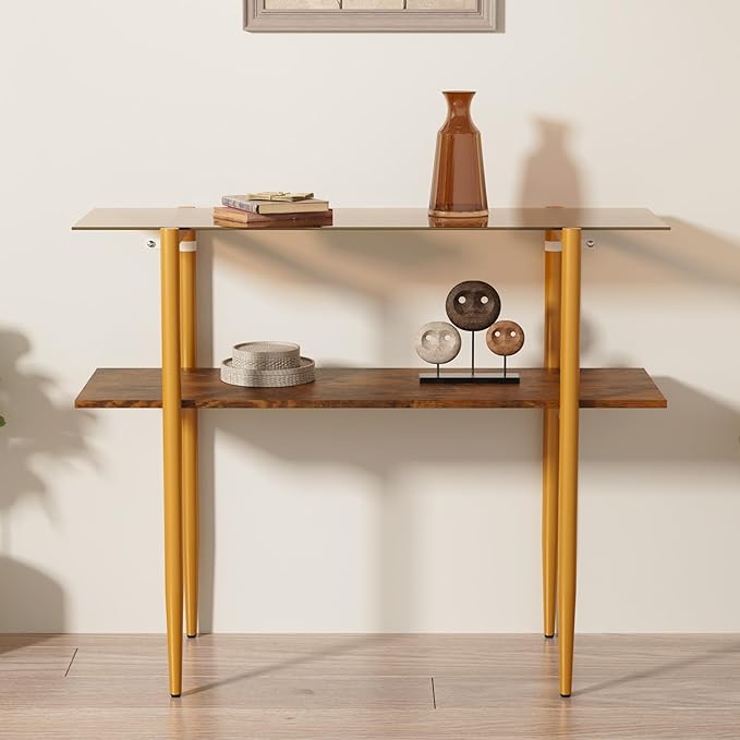 Glass Sofa Table, Mid-Century Modern Entryway Table with Tempered Glass & Golden Legs, 2-Tier Behind Couch Table for Living Room Hallway Entrance, Brown-NeatNest