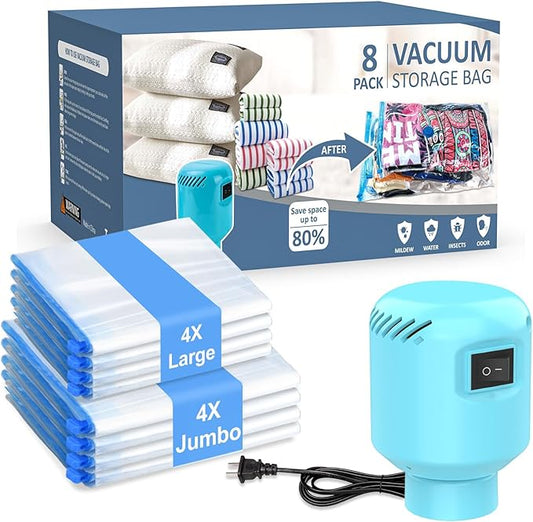 ZXA Vacuum Storage Bags with Electric Air Pump, 8 Pack (4 Large, 4 Jumbo) Vacuum Seal Bags for Clothing, Space Saver Vacuum Storage Bags for Blanket, Duvets, Pillows, Comforters - Blue-NeatNest