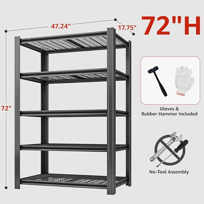 5 Tier Metal Storage Shelves, 72" H x 47.24" W x 17.72" D, 2500LBS Adjustable Shelving Unit for Warehouse, Office, Kitchen, Entryway, Pantry, Living Room, Laundry Room, Garage Shelving, Black-NeatNest