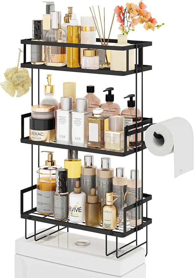 Godboat Bathroom Organizers and Storage, 3-Tier Wall Shelves, Over Toilet Rack with Paper Holder and 2 Hooks, Floating Shelf & Accessories, Gifts for Women, Mom, Mothers Day (Black)-NeatNest