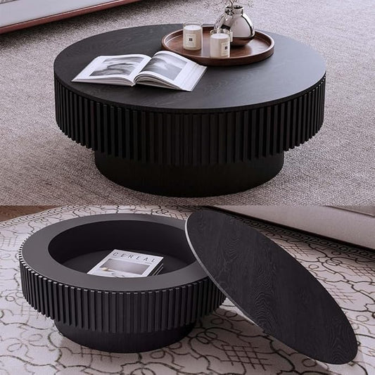 31.5'' Black Round Coffee Table with Storage Living Room Modern Circle Coffee Table with Pedestal Center Tables Fluted Accent Tea Tables for Apartment