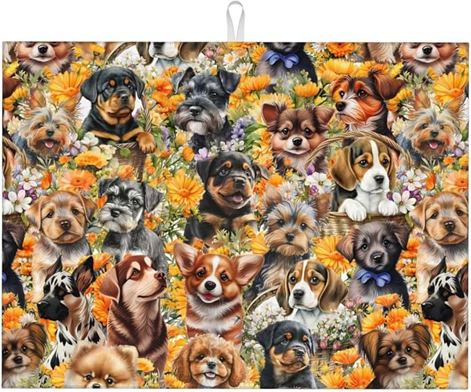 Cute Puppy Dog Dish Drying Mat 18 x 24 Inch for Kitchen Counter Cute Kitchen Mat Microfiber Kitchen Countertop Absorbent Reversible Drainer Rack Pad Dish Drying Mat-NeatNest