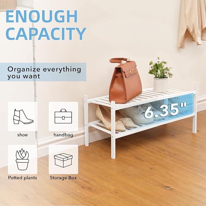 2 Tier Bamboo Shoe Rack Storage Organizer for Closet, Multifunctional Stackable Free Standing Shoe Shelf Organizer for Small Space,Entryway, Hallway, Bathroom27 x11 x13 (White, 2 Tier)-NeatNest